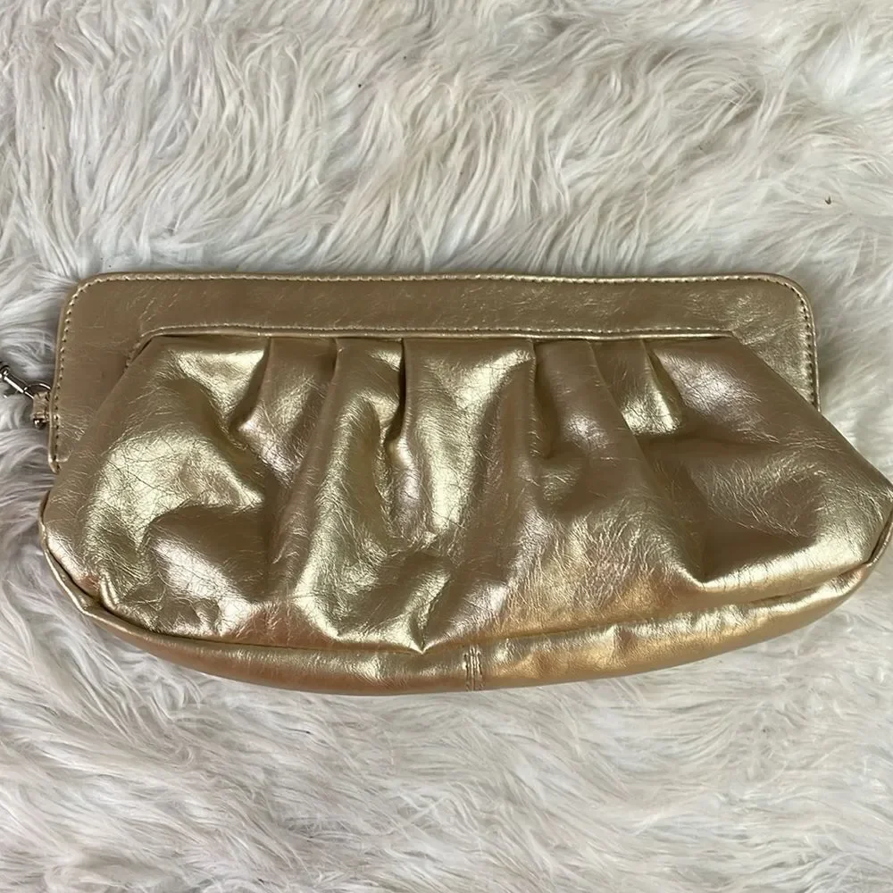 Goldtone Metallic Evening Purse Clutch with Removable Wristlet Strap